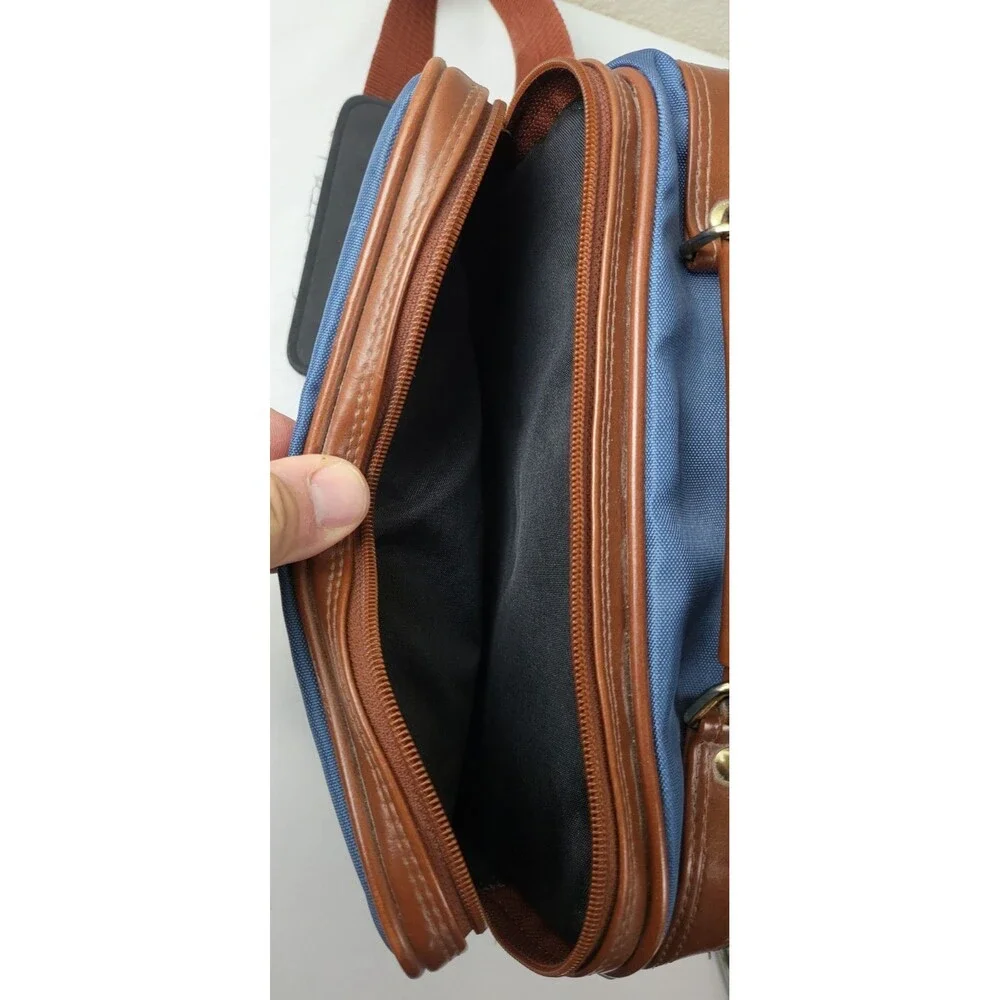 Vtg Albinar Leather/Canvas Camera Bag 4 Zip Pockets Shoulder Strap Blue/Brown